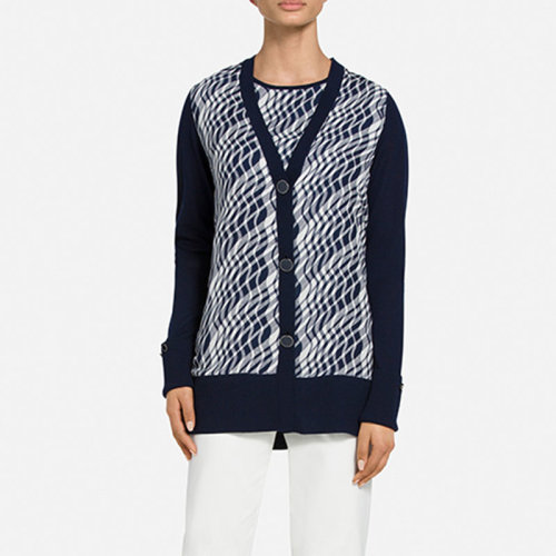 St.John/盛蔷深蓝色格纹羊毛针织开衫外套女士夹克K6100S2