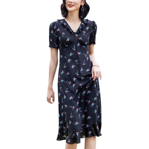 GeleiStory/GeleiStory 夏季新款气质v领中长款真丝连衣裙法式荷叶边  女装＞女士裙装＞女士连衣裙