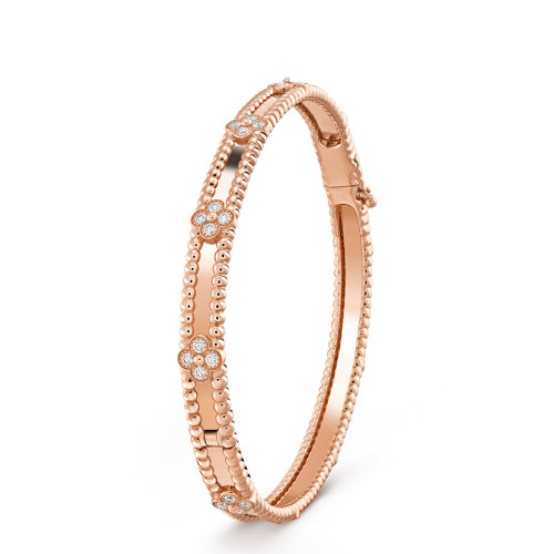 Van Cleef & Arpels/梵克雅宝 Perlée sweet trèfles系列 18K金玫瑰金镶嵌钻石四叶草手镯VCARP6X200