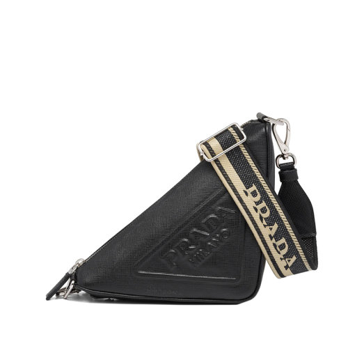PRADA/普拉达 22年新款 男士黑色皮革编织黑色米色肩带拉链可调徽标印花三角形斜挎单肩包2VH5_2FAD_F0002_V_OOO
