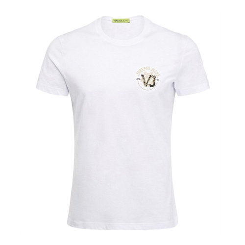 VERSACE JEANS 范思哲牛仔 白色棉圆领经典logo 刺绣 男士短袖T恤
