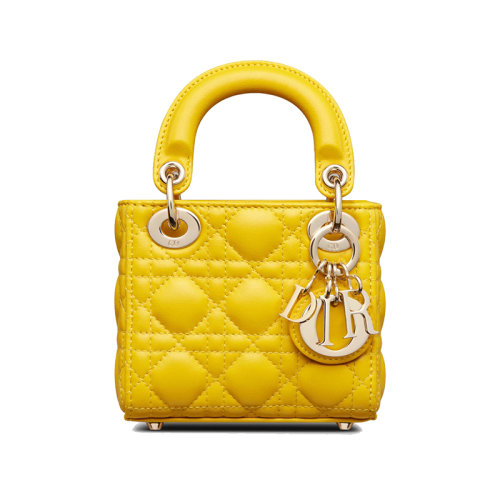 DIOR/迪奥 23新款 LADY系列 女士迷你黄色小羊皮拆卸复古金色吊饰调节拆卸肩带肩背斜挎手提包S0856ONGE_M32Y