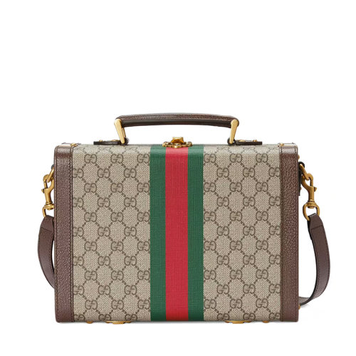 GUCCI/古驰 22春夏新款 男士米色/乌木色帆布棕色皮革滚边饰红绿条纹织带金扣单肩斜跨手提盒子化妆包6335872YGAT8358