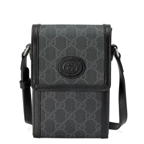 GUCCI/古驰 22春夏新款 男士迷你黑色老花帆布皮革滚边翻盖开合斜跨单肩包69940292TCF1000