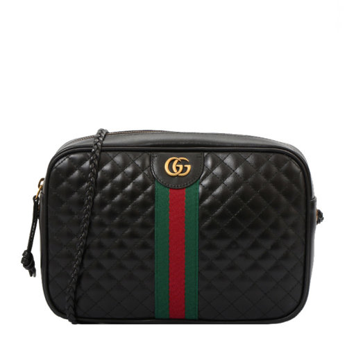 GUCCI/古驰   女士Laminated黑色牛皮红绿条纹小号菱格纹单肩包斜挎包