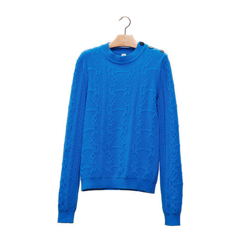 HERMES/爱马仕 22年秋冬新款 女士蓝色羊毛混纺Promenade du Matin印花编织肩处饰牛角纽扣长袖套头衫毛衣H2H2644D67R34