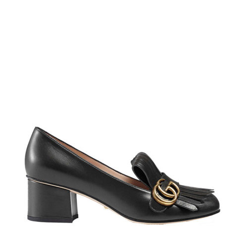GUCCI/古驰 女士黑色牛皮时尚休闲GG中跟浅口鞋皮鞋高跟鞋粗跟鞋女鞋
