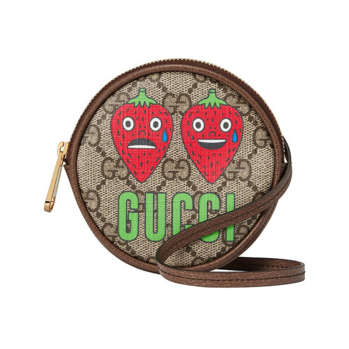 GUCCI/古驰  22新款 Gucci Love Parade系列 男款米色/乌木色 老花帆布皮革饰面草莓印花斜挎零钱包700734UF1AG8679
