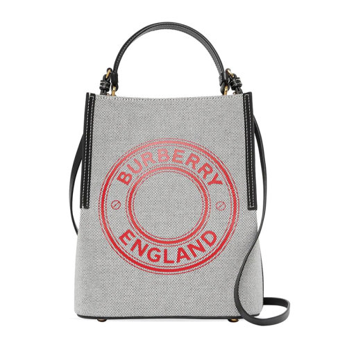 BURBERRY/博柏利 Peggy系列小号女士灰色帆布配皮经典字母徽标印花马术风格敞口开合单肩包斜挎包手提包水桶包女包 8036822