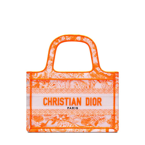 DIOR/迪奥 22新款BOOK TOTE系列 女士迷你款透明效果帆布荧光橙色Reverse茹伊印花手提托特包S5475ZRVJ_M057