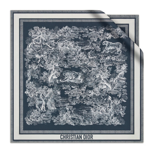 DIOR/迪奥 22年春夏新款 女士海军蓝和象牙色真丝斜纹布Toile de Jouy Sauvage图案方巾15JOU090I602_C585