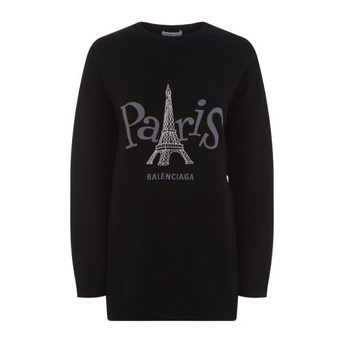 Balenciaga/巴黎世家 女士黑色羊绒PARIS字母埃菲尔天塔印花圆领长袖针织衫毛衣 595117-T4100-2473