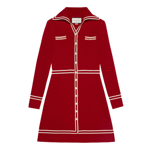 GUCCI/古驰  21早春新款女士红色GG提花羊毛连衣裙 644564XKBNZ6176