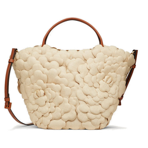 Valentino/华伦天奴  Atelier系列 女士自然/皮革色酒椰叶03玫瑰版花瓣水桶单肩斜挎手提包VW2B0I74TCWH20