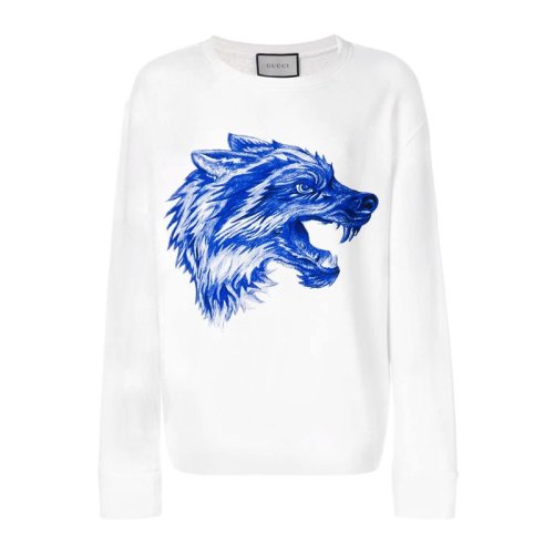 GUCCI 古驰 男装 服饰 白色棉质蓝色狼头图案长袖运动衫 男卫衣