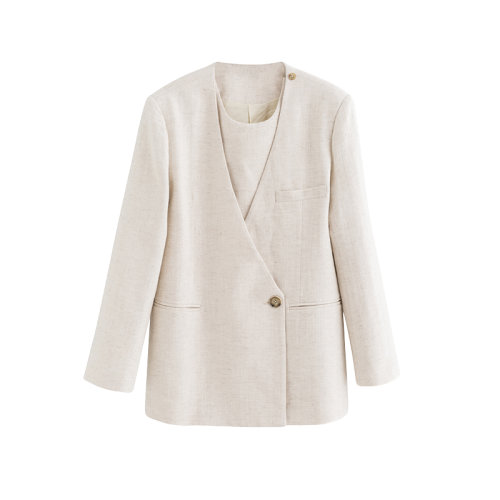 GeleiStory/GeleiStory 夏季新款棉麻时尚西装女假两件休闲洋气长袖外套套装 女装>女士套装>女士职业套装