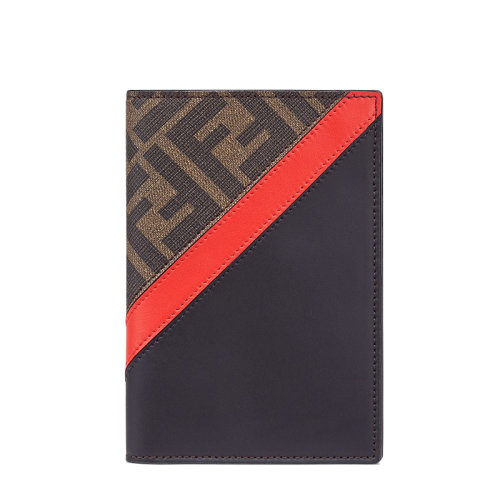 FENDI/芬迪  男士棕色FF提花织物黑色小牛皮红色调护照夹7M0282A9XSF19P9