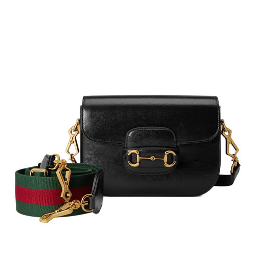 GUCCI/古驰  Horsebit 1955系列 女士迷你黑色皮革复古翻盖单肩斜挎包65857418YSG1060