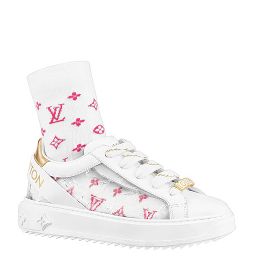 Louis Vuitton/路易威登 22年早春新款 TIME OUT系列 女士白色牛皮革粉色老花袜子混合材质运动鞋1A9PZS