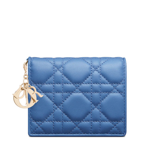 DIOR/迪奥  LADY DIOR系列 女士迷你矢车菊蓝藤格纹羊皮革双折短款钱包S0178ONMJ_M03Z