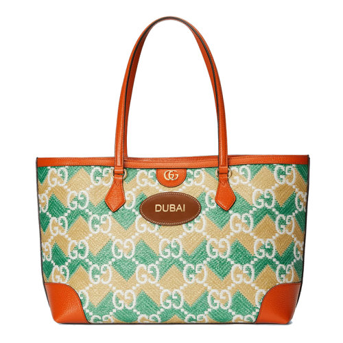GUCCI/古驰 22新款 女士绿色/奶油色草编面料配橙色皮革GG老花DUBAI字样刺绣手提包托特包631685UYFIG8826