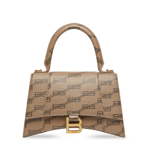 Balenciaga/巴黎世家 22新款Hourglass系列 女士小号米色/棕色BB老花印花帆布金扣单肩手提沙漏包593546210DE2762