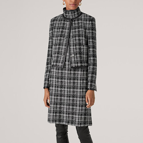 St.John/盛蔷黑白格子呢短款针织女士夹克外套K6110K3