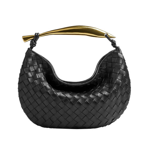 Bottega Veneta/葆蝶家 22新款 女士黑色羔羊皮编织配金属手柄磁扣开合黄铜饰面手提包716082VCPP11019