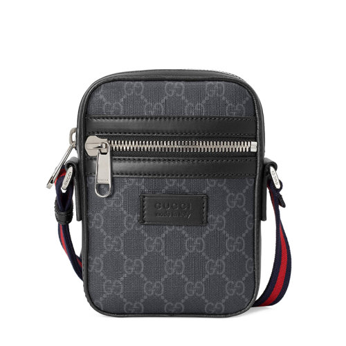 GUCCI/古驰 22春夏新款 男士小号黑色/灰色帆布黑色皮革滚边饰红蓝条纹织物肩带银扣单肩斜跨邮差包682357K5RLN1095