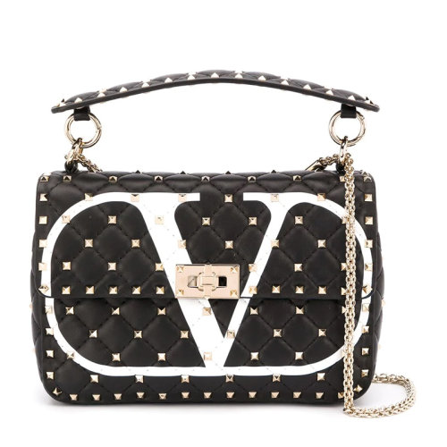 Valentino/华伦天奴 Rockstud Spike系列小号女士黑色皮革经典字母徽标印花铆钉装饰单肩包斜挎包链条包女包 UW2B0122-LNN-NER