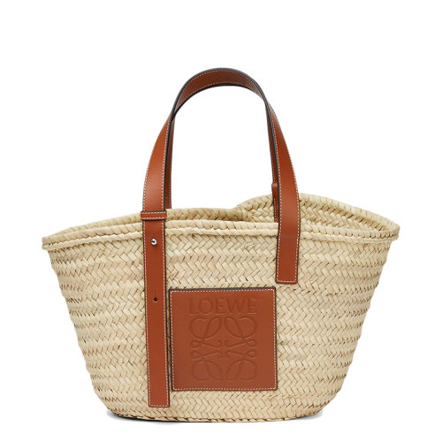 LOEWE/罗意威 Basket系列 自然色棕榈叶编织棕褐色小牛皮提篮手提包0010111482