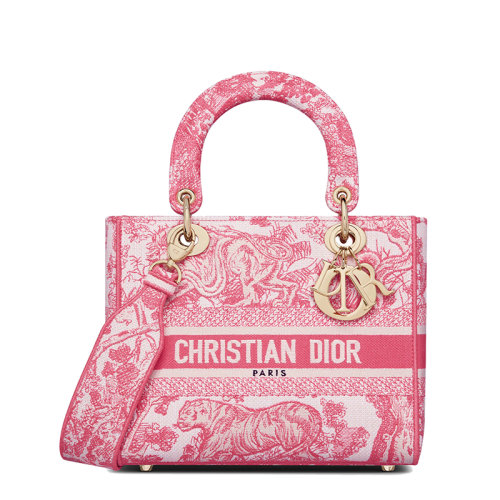DIOR/迪奥 22春夏新款LADY D-LITE系列 女士中号牡丹粉色茹伊印花刺绣织物单肩手提戴妃包M0565OTDT_M75E