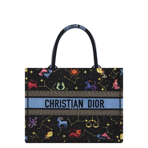 DIOR/迪奥 22新款Dior Book Tote系列 女士中号黑色多色织物动物生肖图案印花刺绣徽标刺印单肩手提托特包M1296ZRTY_M911