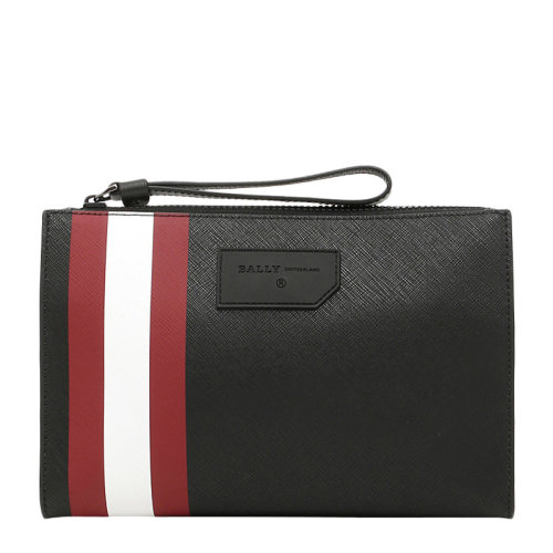 BALLY/巴利 男士黑色十字纹皮革经典红白条纹拉链开合公文包手拿包男包 6224071