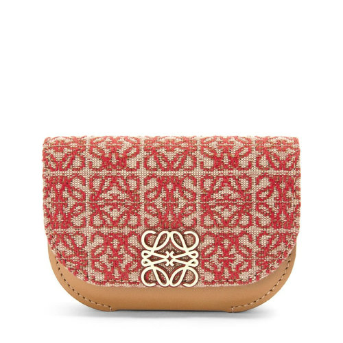 LOEWE/罗意威 22春夏新款情人节特别版女士红色/暖沙色帆布配皮Anagram印花金扣卡夹钱包0010686202