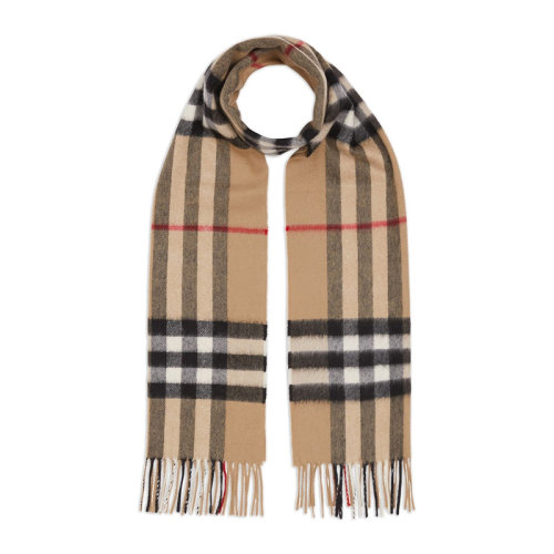 BURBERRY/博柏利 男女通用咖色经典格纹流苏装饰羊绒围巾围脖 8018173