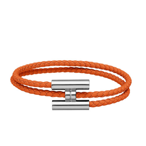HERMES/爱马仕 经典款Tournis系列 橘色小牛皮编织饰H银扣手链H068406FP93