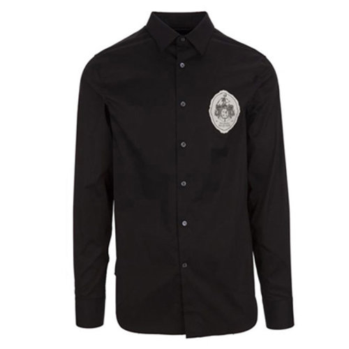 Alexander McQueen/亚历山大麦昆 男士黑色骷髅头刺绣混纺长款衬衫