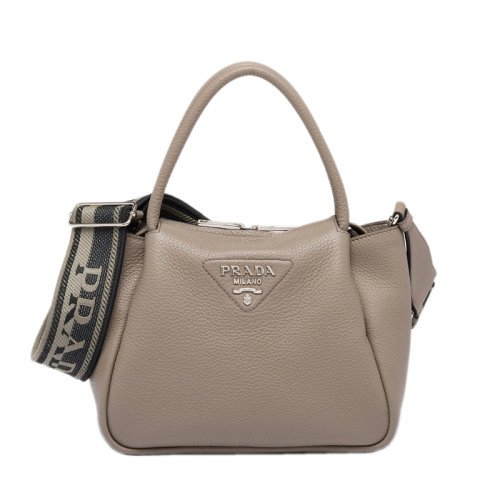 PRADA/普拉达 22年新款 女士小号黏土灰色皮革饰有三角徽标配织物肩带拉链开合单肩斜跨手提包1BC5_2DKV_F0572_V_3OO
