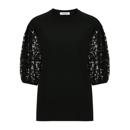 Valentino/华伦天奴 黑色 女士平纹针织与重磅蕾丝泡泡袖T恤 TB3MG03W54J0NO 2020早春