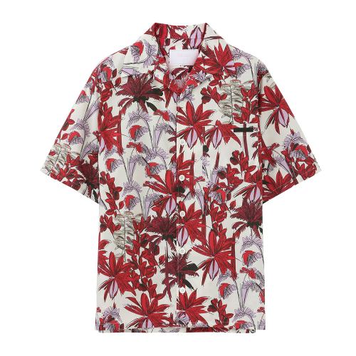 PRADA/普拉达 白色/红色 男士通体棕榈树印花府绸短袖衬衫 UCS339_1VYX_F0011_S_201