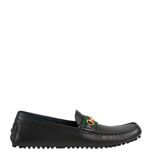 GUCCI/古驰 22年早春新款 Pineapple系列 男士黑色柔软小牛皮红绿织带金马衔扣驾车鞋乐福鞋6246981XH101066