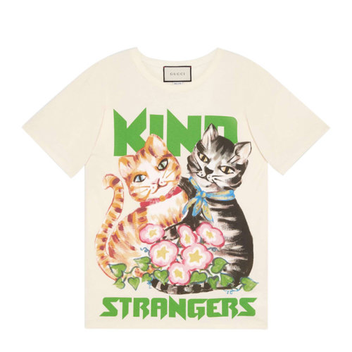 GUCCI/古驰 女装 服饰 米白色圆领棉质猫咪印花半袖 女士短袖T恤猫咪印花