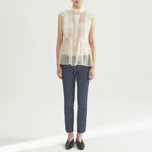 nisiss/怡夕柯根纱压褶拼接立领无袖上衣女装定制N112XF07