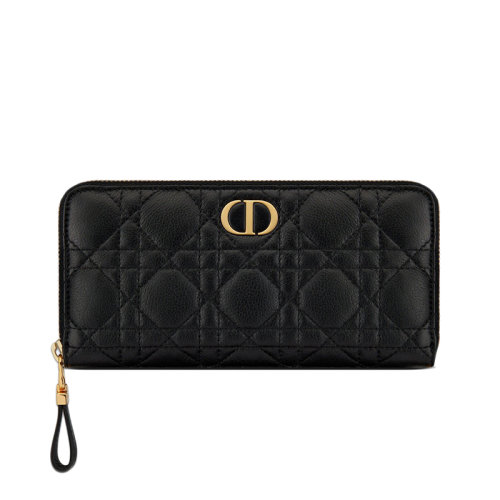 DIOR/迪奥  CARO系列 女士黑色藤格纹柔软小牛皮长款拉链钱包S5038UWHC_M900