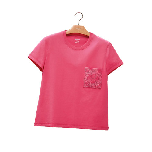 HERMES/爱马仕 22年秋冬新款 女士粉色棉质饰徽标刺绣胸口贴袋圆领短袖T恤H2H4614DU5736