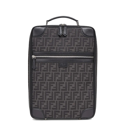 FENDI/芬迪   男士黑色灰色FF图案提花织物皮革饰边背包双肩包7VZ062AG0MF0NPN