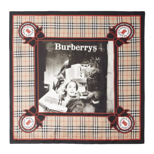 BURBERRY/博柏利 男女同款中性米色桑蚕丝经典格纹字母徽标人物印花装饰方巾丝巾围巾 8037470