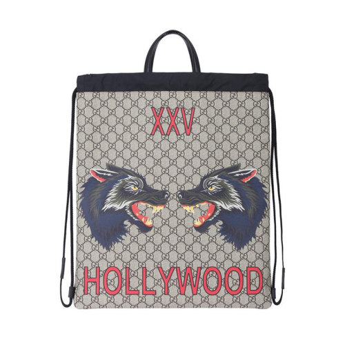 GUCCI/古驰 男包 经典双G 狼头印花 男士米色双肩抽绳双肩背包 4738729HVCT8697