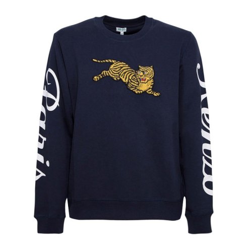 Kenzo 高田贤三 男装 服装 男士深蓝色纯棉卧虎刺绣LOGO印花袖圆领时尚休闲长袖 男士卫衣